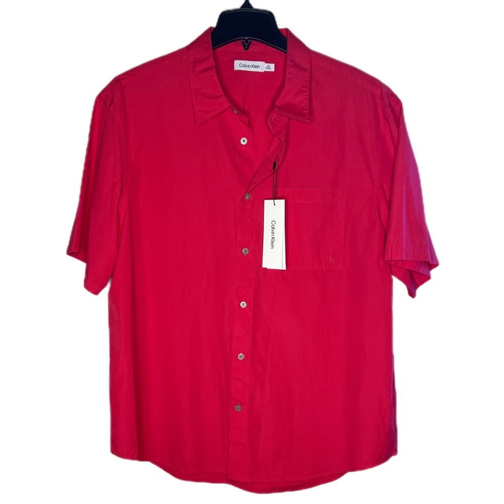 NWT| CALVIN KLEIN Men's Short-Sleeve Solid Pocket Button-Down Shirt| dark red